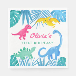 Dinosaur Girl 1st Birthday Colorful Pappersservett