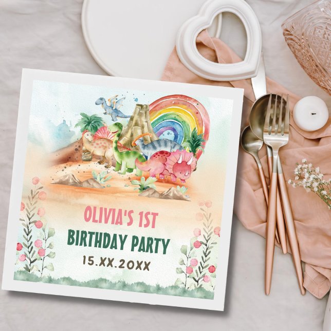 Dinosaur Girl 1st Birthday Party Pappersservett (Skapare uppladdad)