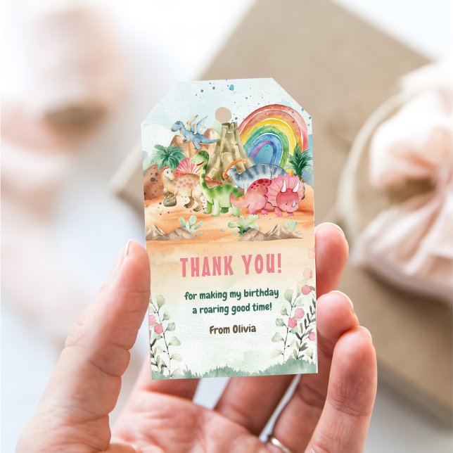 Dinosaur Girl 1st Birthday Party Presentetikett (Skapare uppladdad)