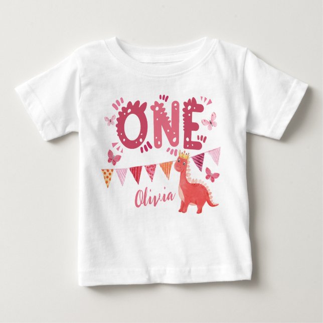 Dinosaur Girl 1st Birthday Party T Shirt (Framsida)
