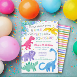 Dinosaur Girl Birthday bjudande färgstark cute Inbjudningar