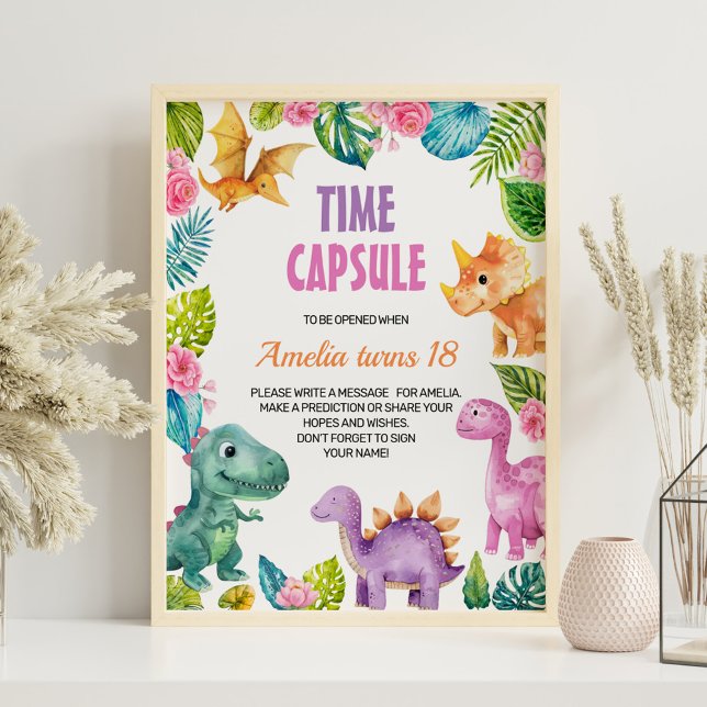 Dinosaur Girl Birthday Time Capsule-tecken Poster (Skapare uppladdad)