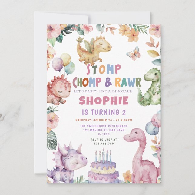 Dinosaur Girl Dino Födelsedagsfest Inbjudningar (Framsida)