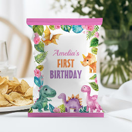 Dinosaur Girl First Birthday Chip Bag Wrapper Reklamblad