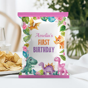 Dinosaur Girl First Birthday Chip Bag Wrapper Reklamblad