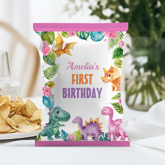 Dinosaur Girl First Birthday Chip Bag Wrapper Reklamblad (Skapare uppladdad)