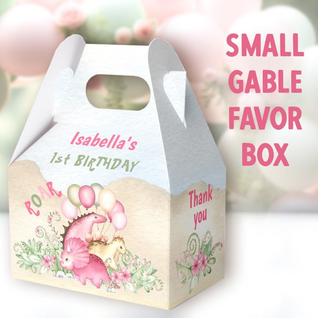 Dinosaur Girl Pastel Rosa Grönt 1:a födelsedagen Presentaskar (Dinosaur Girl Small Gable Favor Boxes - You can choose from 3 sizes of these gable favor boxes)