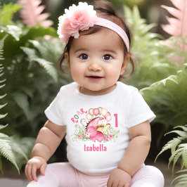 Dinosaur Girl Rosa Pastel Blommigt Namn 1:a födels T Shirt