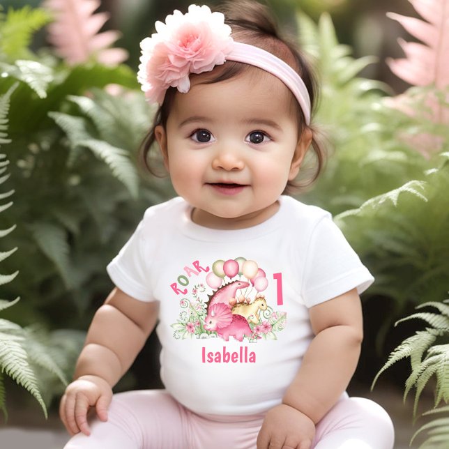 Dinosaur Girl Rosa Pastel Blommigt Namn 1:a födels T Shirt (Dinosaur Girl Pink Pastel Cute Floral 1st Birthday Baby T-Shirt)