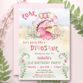 Dinosaur Girl Rosa Pastel Cute Blommigt 1:a födels Inbjudningar