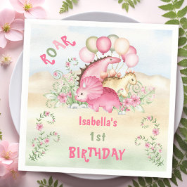 Dinosaur Girl Rosa Pastel Cute Blommigt 1:a födels Pappersservett