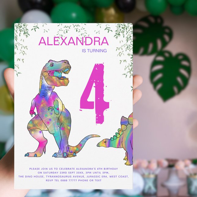 Dinosaur Girl's Födelsedagsfest Inbjudningar (Colorful dinosaur 4th birthday party invitation with modern pink typography )