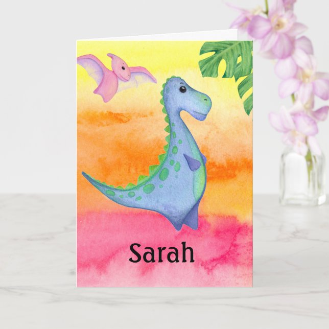 Dinosaur Girl's Namn & Age Cute Birthday Kort (Orkide)