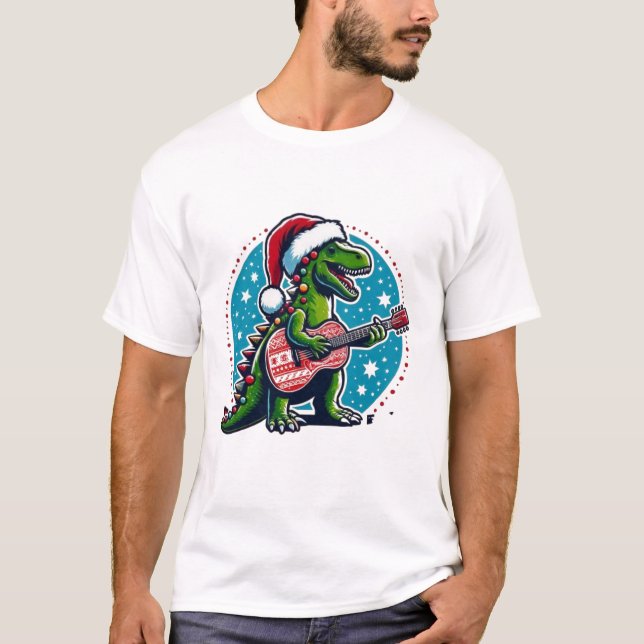 Dinosaur Gitarrspelare Xmas Rolig dag T Shirt (Framsida)