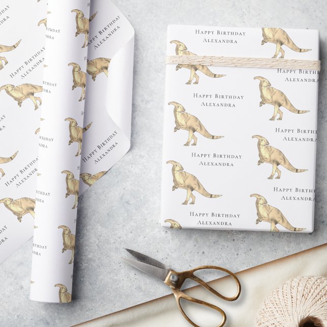 Dinosaur Glad födelsedag Personlig Presentpapper (Cute dinosaur happy birthday personalized girl name wrapping paper Parasaurolophus Jurassic dino)