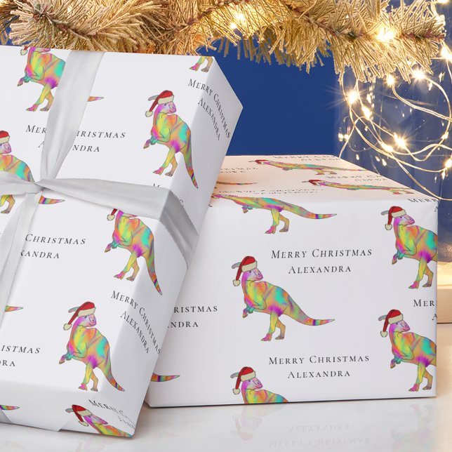 Dinosaur God Jul Personligt Flicknamn Presentpapper (Personalized girl name merry Christmas dinosaur parasaurolophus wrapping paper Watercolor dino Santa)
