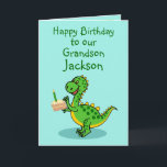 Dinosaur Grandson Foleting Card Kort<br><div class="desc">Ett sött kort som du kan anpassa för att visa ett segment av Birthday Cake and Candle och en söt dinosauer som håller en bit kaka. Anpassa texten och Namn och meddelandet inuti kan läggas till eller tas bort genom att följa uppmaningen "Anpassa den här mallen".</div>