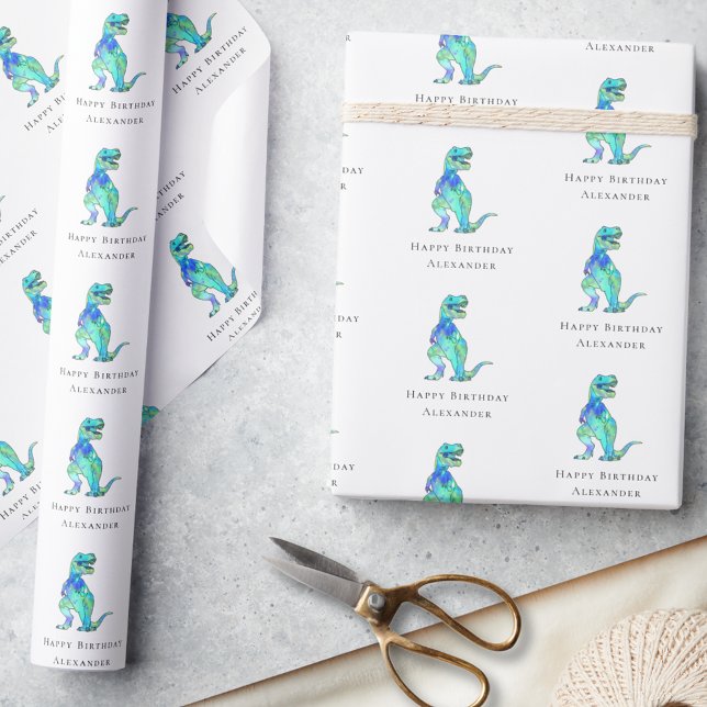 Dinosaur Grattis på födelsedagen Personlig Boy Nam Presentpapper (dinosaur happy birthday personalized boy name modern gift wrapping paper colorful watercolor T-Rex)