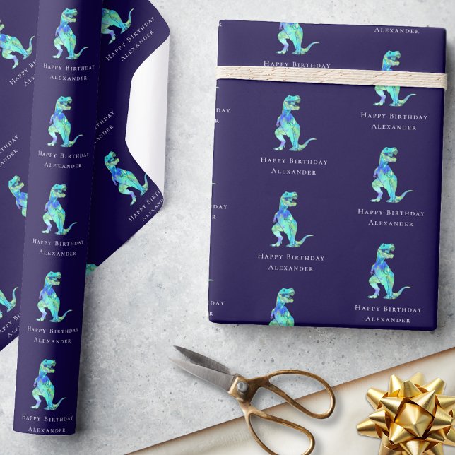 Dinosaur Grattis på födelsedagen Personlig Boy Nav Presentpapper (Personalized boy dinosaur happy birthday navy blue gift wrapping paper Colorful watercolor T-Rex)