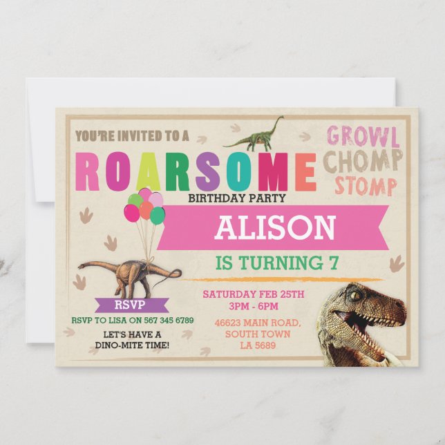 Dinosaur Gräver Födelsedagsfest T-Rex Dino Rosa In Inbjudningar (Framsida)