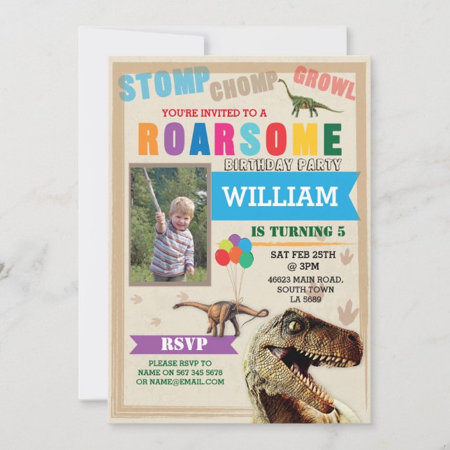 Dinosaur Gräver Födelsedagsfest T-Rex Photo Inbjud Inbjudningar (Framsida)