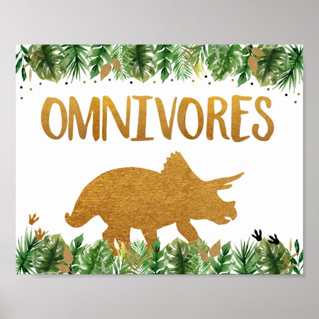 Dinosaur Greenery Gold Omnivores Birthday Sign Poster (Framsidan)