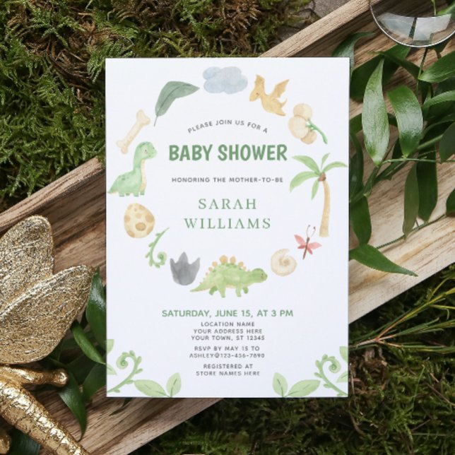 Dinosaur Grön Akvarell Krans Baby Shower Inbjudningar (Get ready for a Jurassic celebration with our adorable dinosaur baby shower invitations! 🦕)