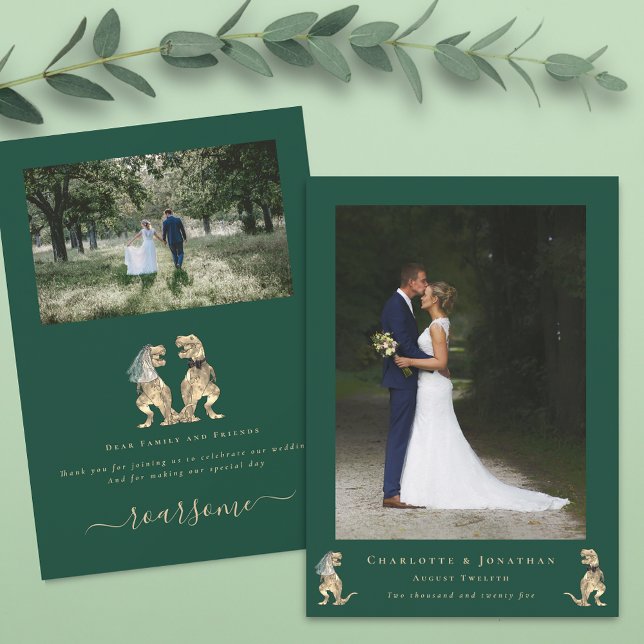 Dinosaur Grön Bröllopsfoto Tack Kort (Dinosaur wedding photo thank you card funny T-Rex dino bride & groom elegant modern script green)