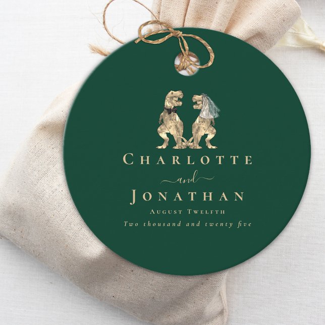 Dinosaur Grönt Bröllop Anpassningsbar Gåvor Etiketter (Dinosaur wedding dark green custom favor tag T-Rex dino bride and groom elegant modern typography )