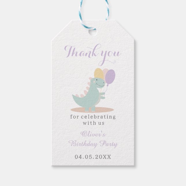 Dinosaur Grönt Grått Första födelsedagen Tack Presentetikett (Framsidan)