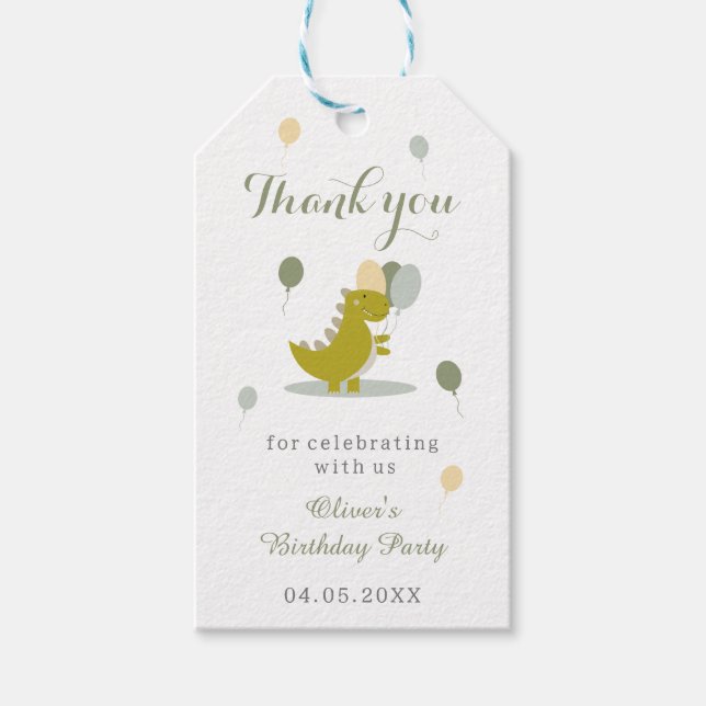 Dinosaur Grönt Grått Första födelsedagen Tack Presentetikett (Framsidan)