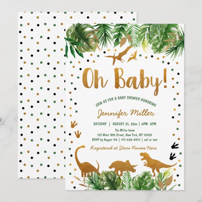 Dinosaur Grönt Guld Safari Baby Shower Inbjudningar (Fram/baksida)