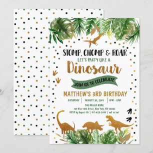 Dinosaur Grönt & Guld Safari Birthday Inbjudningar