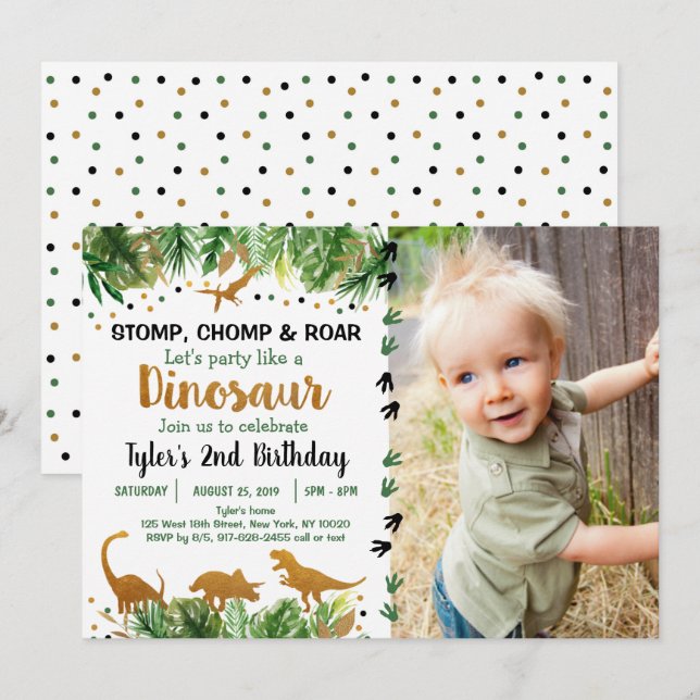Dinosaur Grönt & Guld Safari Birthday Inbjudningar (Fram/baksida)