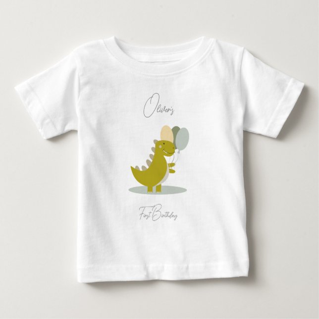 Dinosaur Gult Grönt Grått Första födelsedag T Shirt (Framsida)