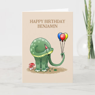 Dinosaur håller ballonger födelsedag kort