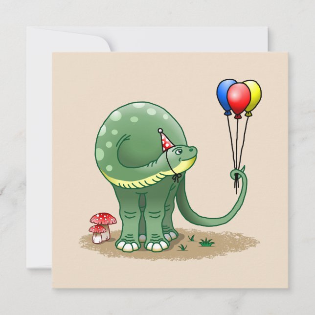 Dinosaur håller födelsedagsballonger kort (Framsida)