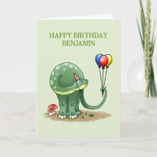 Dinosaur håller tre ballonger kort