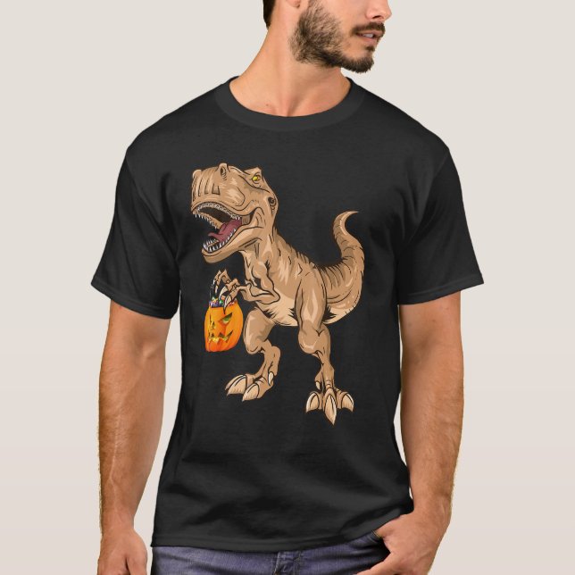 Dinosaur Halloween T Rex Boys Pumpkin Jackolantern Shirt (Framsida)