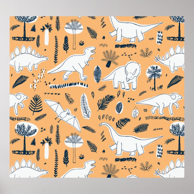 Dinosaur & Handflatan Löv: Roligt Mönster Poster (Framsidan)