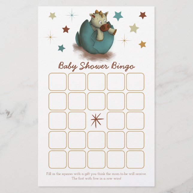 Dinosaur Hatching Neutralt Baby Shower Bingo Card (Framsida)