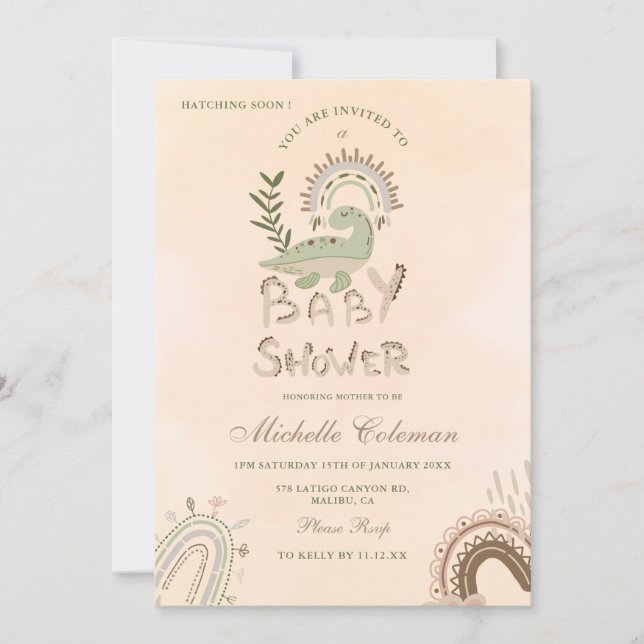 Dinosaur Hatching snart Baby Shower-inbjudan Inbjudningar (Framsida)