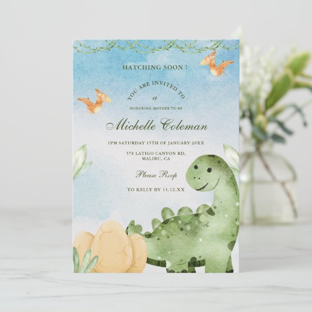 Dinosaur Hatching snart Baby Shower-inbjudan Inbjudningar (Stående Fram)