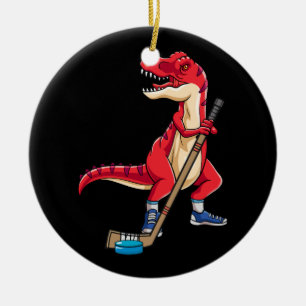 Dinosaur Hockey Stick Puck Goalie TRex T Rex Julgransprydnad Keramik