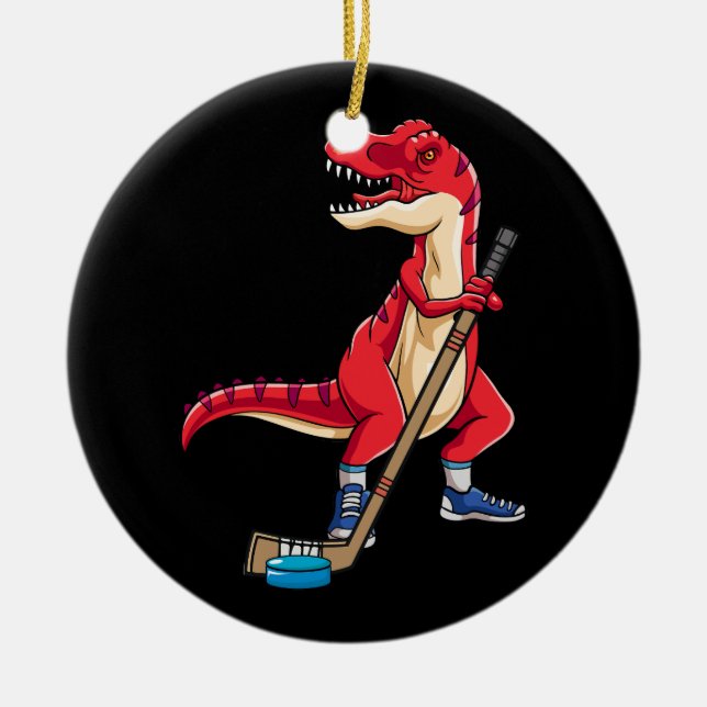 Dinosaur Hockey Stick Puck Goalie TRex T Rex Julgransprydnad Keramik (Framsidan)