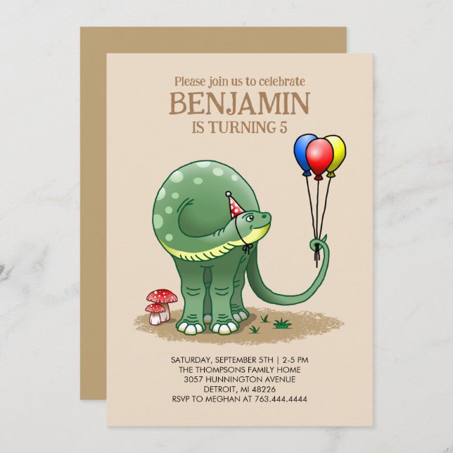 Dinosaur holding Balloons Birthday Inbjudningar (Fram/baksida)
