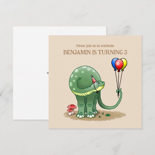 Dinosaur holding Balloons Birthday Inbjudningar (Fram/baksida)