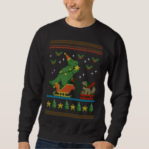DINOSAUR HUND SLEIGH RIDING UGLY CHRISTMAS TREX LÅNG ÄRMAD TRÖJA