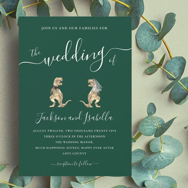 Dinosaur-Hundratalsbröllop T-Rex Brud och Brudgumm Inbjudningar (Dinosaur wedding t-Rex bride and groom dark green wedding invitation Elegant script fun Jurassic )