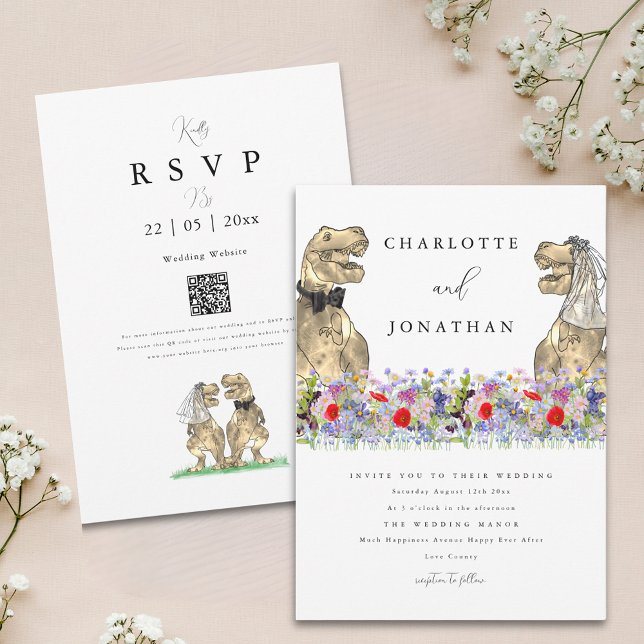 Dinosaur Hustru Boho Vildblomma QR-kod Inbjudningar (Boho wildflower dinosaur wedding invitation with watercolor summer florals and qr code)